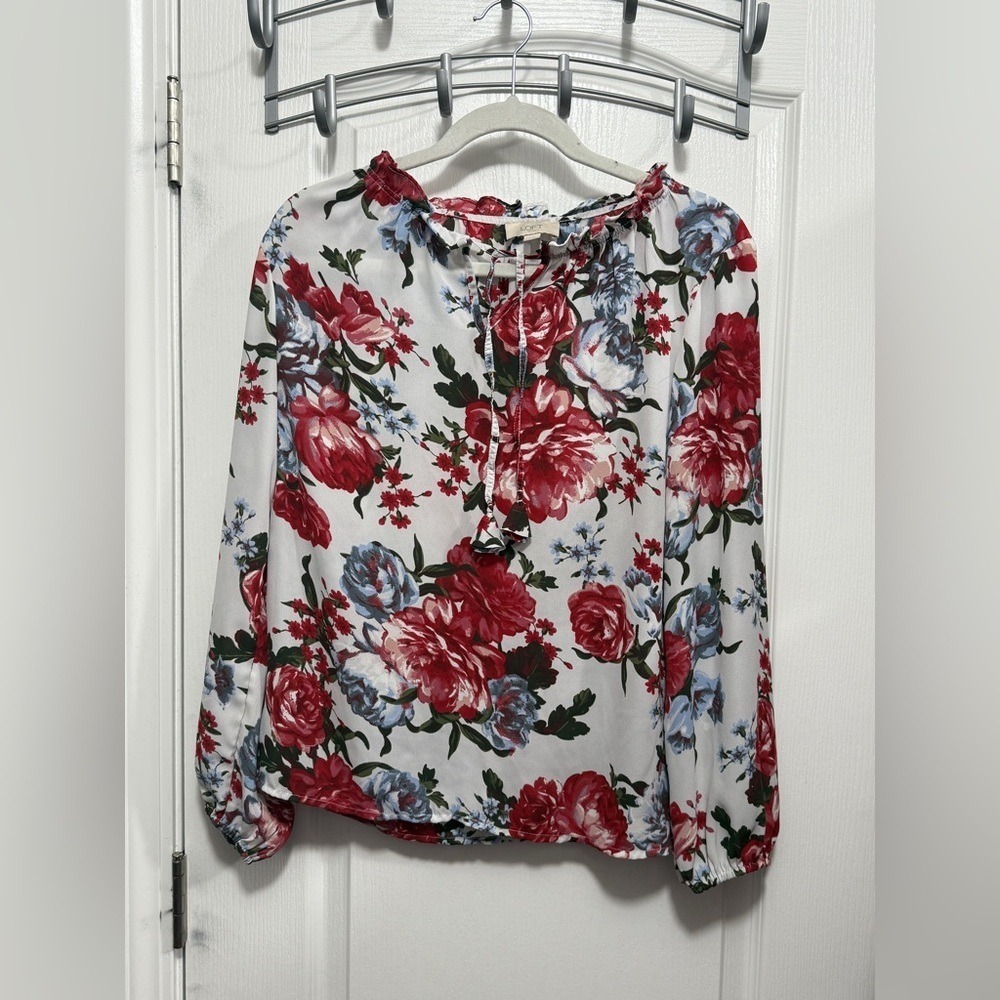 LOFT Outlet Blouse Women's XS Red Floral Ruffled Neck Cottagecore Preppy Peasant